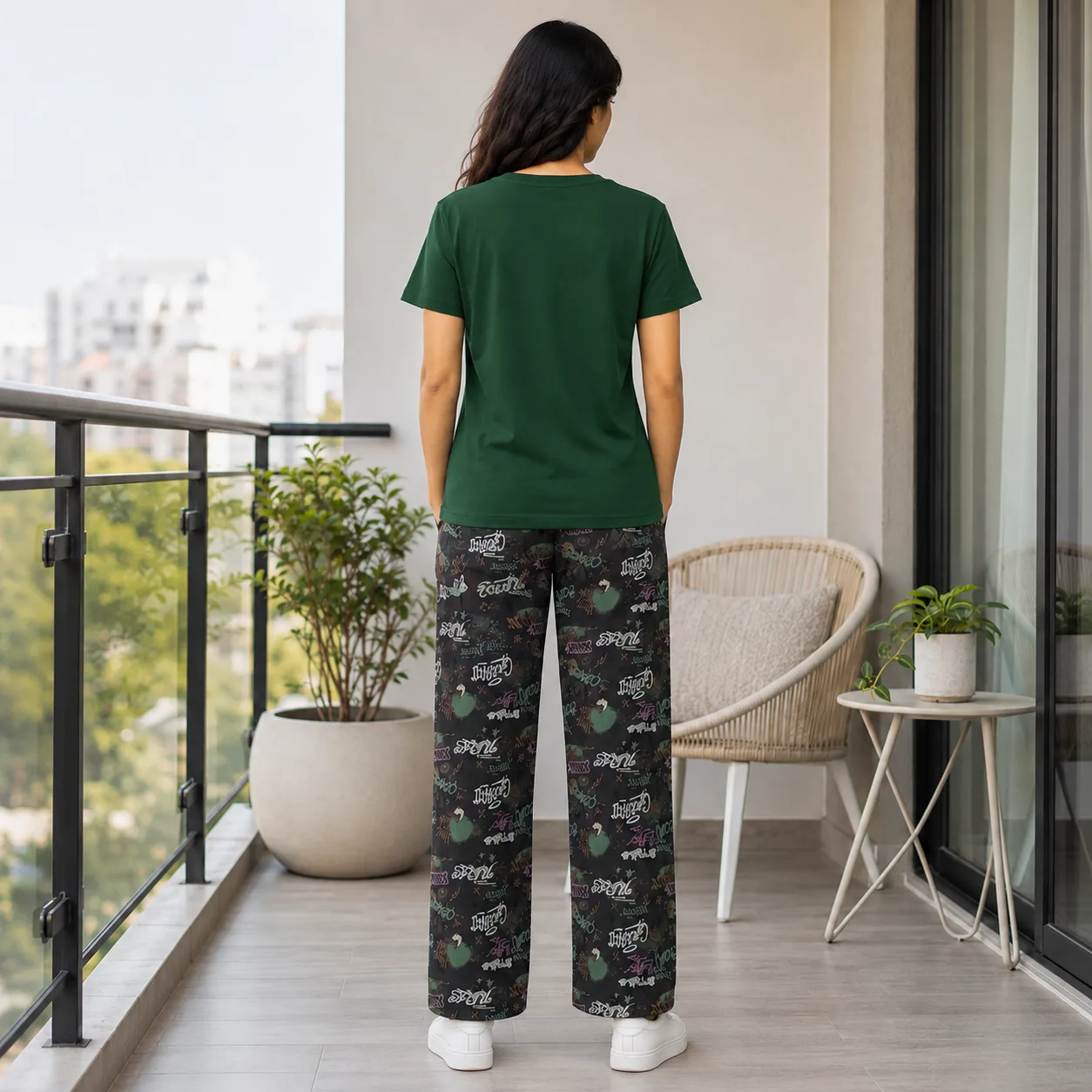 Women’s Green “Hello Future” T-Shirt & Printed Trouser 2-Piece Set