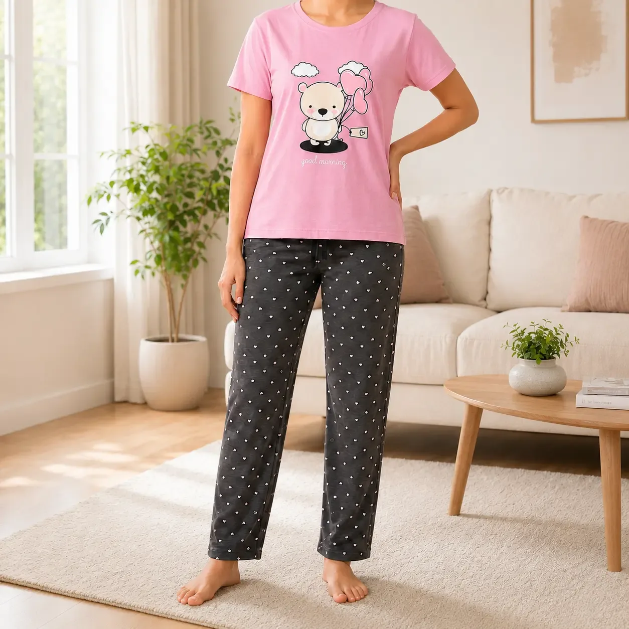 Women’s Pink Bear Print Cotton T-Shirt & Trouser Set – 2 Piece