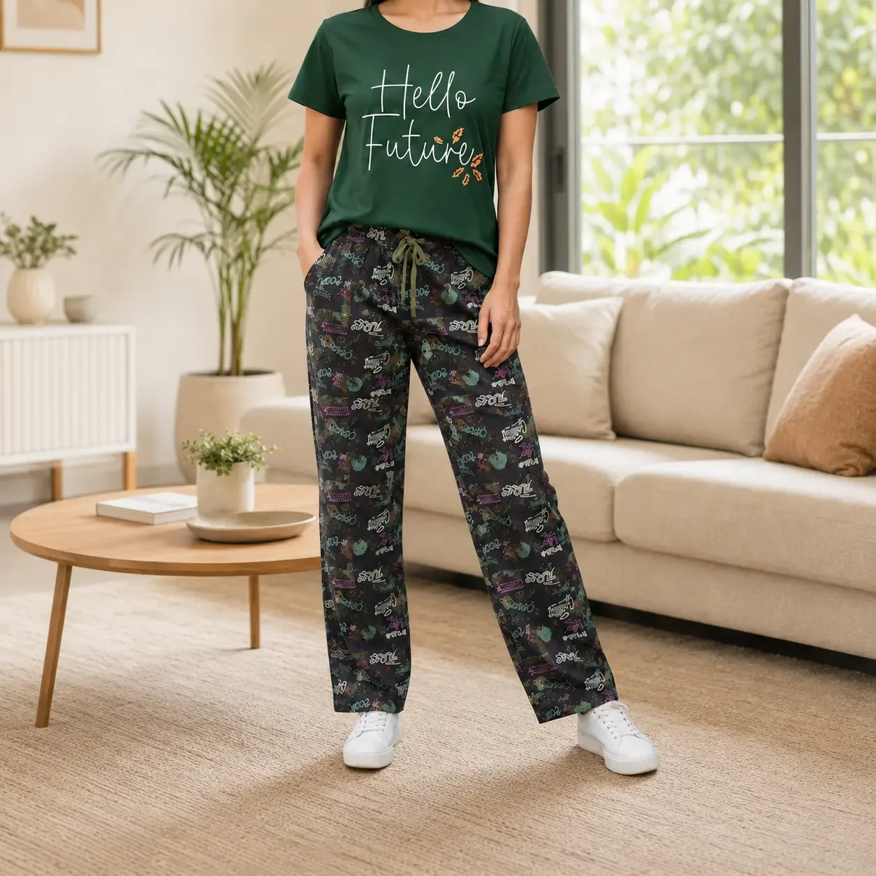 Women’s Green “Hello Future” T-Shirt & Printed Trouser 2-Piece Set