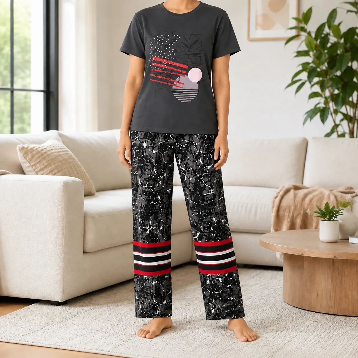 Women’s Charcoal Graphic Cotton Pajama Set – 2 Piece